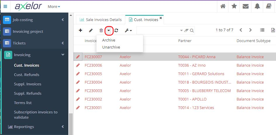 1.1 How to archive manually? Select an invoice from the list, and then click on the triangle icon at the top, then click on “Archive”. It's also possible to do so directly on an invoice file itself.